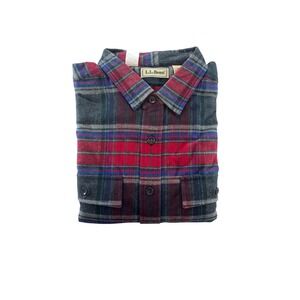 NWOT LL Bean Men's Plaid Flannel Shirt Red Grey Blue Button Up Long Sleeve TXL